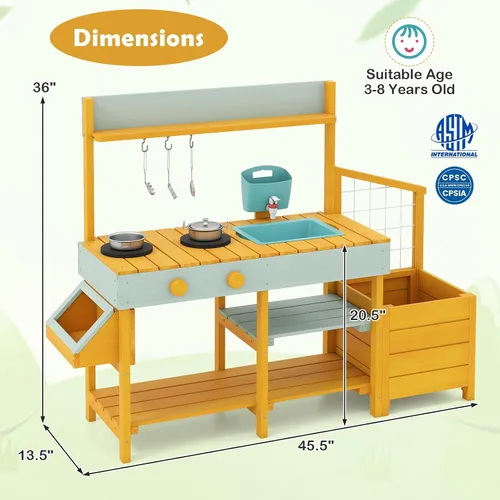 Vista 7 de Costzon Cocina de barro, banco de madera para macetas para niños con grifo extraíble, fregadero, estufas, pomos de rotación, cajas para macetas