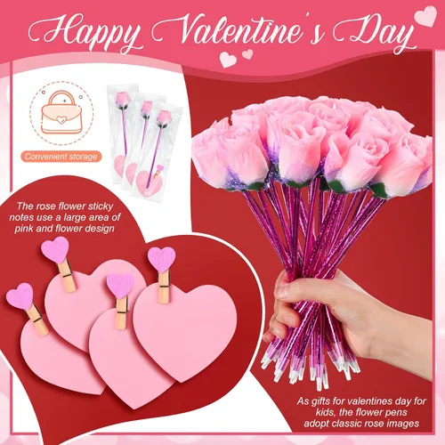Vista 3 de Yexiya 48 juegos de bolígrafos de rosas para el día de San Valentín, regalos a granel con notas adhesivas, clips de corazón, bolsas de regalo