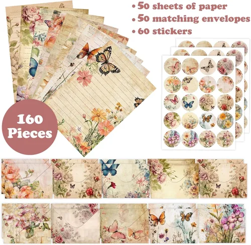 Vista 3 de Juego de 160 paquetes de papel de papelería (50 papeles de escritura de papelería de una sola cara, 50 sobres a juego), 60 calcomanías de puntos