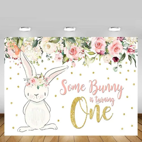 Vista 3 de MEHOFOTO - Telón de fondo para fiesta de cumpleaños de 8 x 6 pies, diseño floral rosa con purpurina dorada con texto en inglés "Some Bunny One Girl