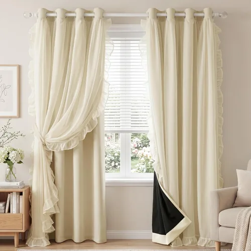 Vista 9 de PONY DANCE 100% Blackout Beige Curtains for Bedroom, Double Layer Room Darkening Drapes with White Ruffle Sheer Overlay, Boho Living Room Decor
