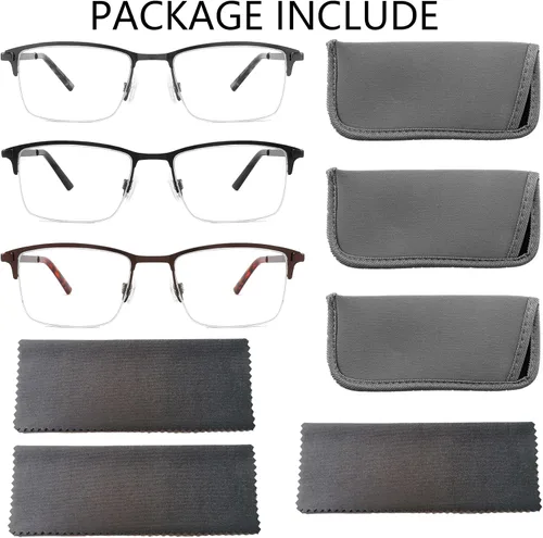 Vista 3 de 3-Pack Reading Glasses for Men Blue Light Blocking Fashion Metal Half Wide Frame Readers Semi Rimless Eyeglasses