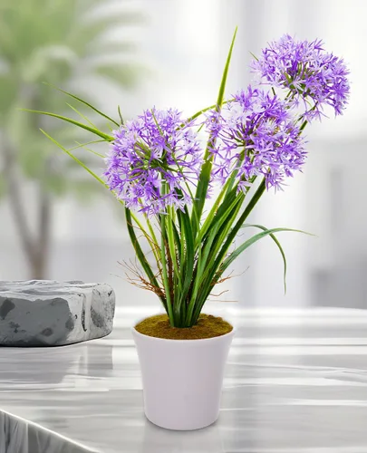 Vista 3 de Restaurantware Faux Fiore Violet Allium - Maceta blanca - Plantas de imitación - 14.6" - Caja de 1 unidad