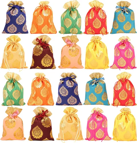 Vista 26 de Touchstone Preciosas bolsas de regalo reutilizables, respetuosas con el medio ambiente, brocado de cachemira con cordón grande para cumpleaños