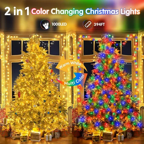 Vista 2 de Guirnalda de luces de Navidad de 403 pies para exteriores, 1000 luces LED con cambio de color, 11 modos y función de temporizador de memoria