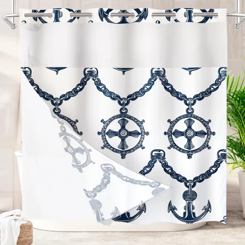 Vista 8 de Batmerry Maritime Nautical Hookless Shower Curtain with Snap in Liner Set, Anchors Ship Wheel Bath Curtain Magnetic Hem Quick-Drying Waterproof