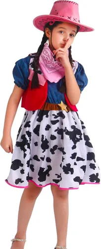 Vista 5 de Disfraz de vaquera para niñas, disfraz de Rodeo Occidental de Halloween con sombrero de vaquera, de 3 a 10 años