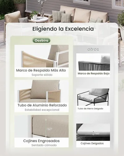 Vista 3 de Sofá de dos plazas de aluminio para patio exterior, sofá de patio de cuerda HDPE con cojín grueso lavable, muebles de patio para todo tipo de clima