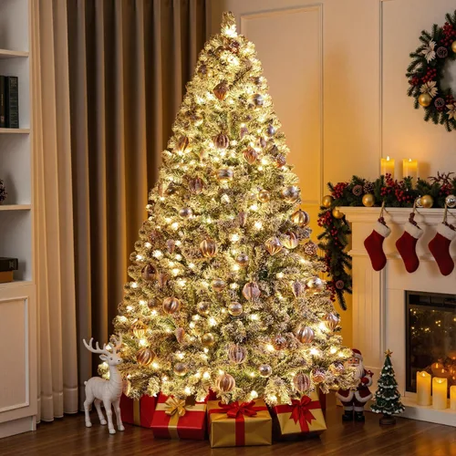 Vista 2 de Yaheetech Árbol de Navidad Artificial Nevado Preiluminado de 7.5 pies con 550 Luces Blancas Cálidas, 1284 Puntas de Ramas Frondosas y Diseño