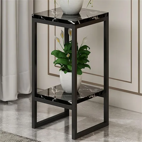 Vista 17 de Mesa cuadrada simple de madera de varios niveles con estante de almacenamiento, soporte para maceta de hierro forjado para sala de estar en Negro