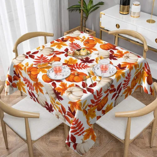 Vista 2 de Thanksgiving Tablecloth Square 52x52 Inch Fall Harvest Autumn Pumpkin Fallen Leaves Maple Leaf Print Decorative Table Cloth Holiday Decorations