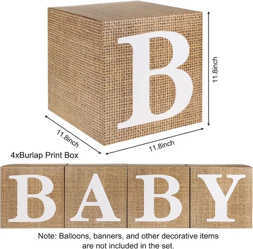 Vista 2 de RUBFAC Cajas de bebé con letras para baby shower, 4 piezas estilo rústico de granja bohemia con asa de arpillera y grano para decoración