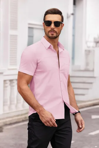 Vista 3 de COOFANDY Camisas de vestir para hombre, de manga corta, de algodón, casual, con botones, con bolsillo