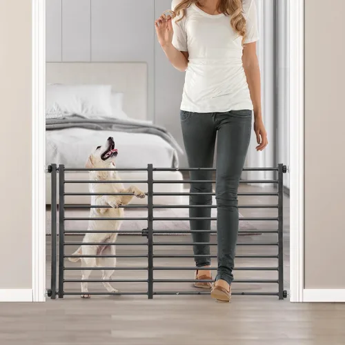 Vista 14 de Malier Puerta de interior para perros con puerta, puerta extra ancha de metal para mascotas, puerta corta para perros para escaleras, montaje a
