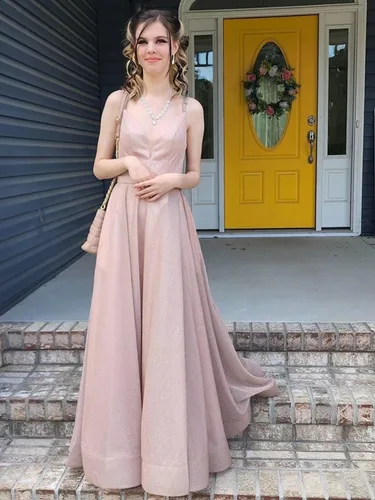 Vista 3 de Vestidos largos de graduación con purpurina, vestido de noche brillante con abertura, tirantes delgados, cuello en V, vestidos formales