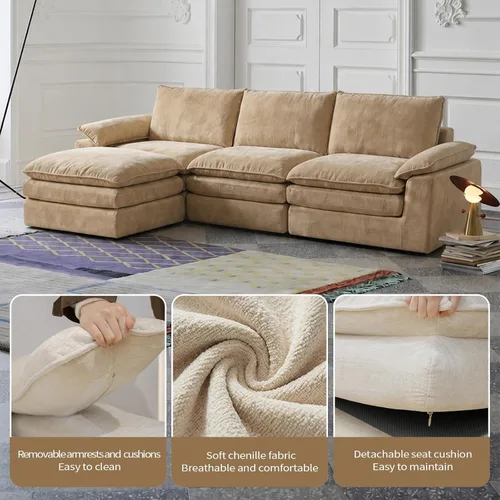 Vista 5 de Sofá modular en forma de nube de 118 pulgadas, con otomana móvil, sofá de asiento profundo de felpilla para sala de estar, sin montaje, caqui