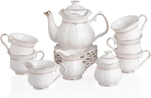Vista 8 de Sweejar Juego de té de porcelana de 21 piezas, tetera vintage con ribetes dorados, juego de taza y platillo, taza de té para té suelto, azucarero