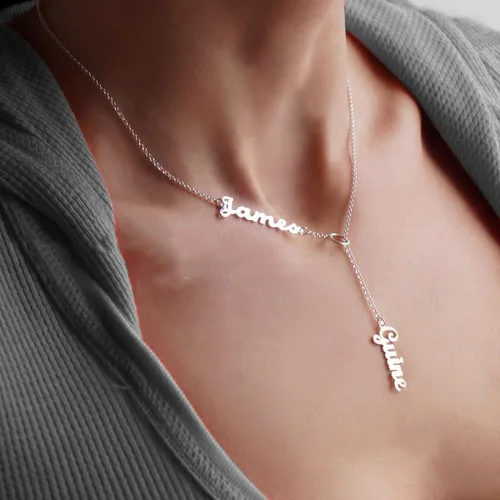 Vista 2 de Collar de plata de ley con doble nombre, hecho a medida con 2 nombres de 14 a 22 pulgadas, cadena de regalo para mujer