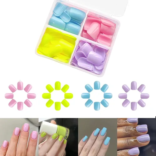 Vista 14 de Uñas postizas cuadradas cortas a presión, color liso, blanco leche, rosa, cobertura completa, con diseños, uñas postizas brillantes con pegamento S1