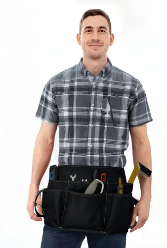 Vista 10 de Delantal para herramientas, soporte magnético para puntas, espalda cruzada, 18 bolsillos, color negro Oxford Canvas, Quick-Release Buckle, Double