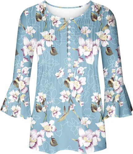 Vista 9 de Ceboyel Blusa tipo túnica con estampado floral para mujer, con botones, estilo Henley, con manga de codo, casual, trajes de moda para mujer