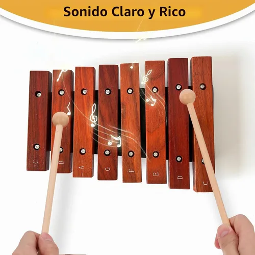 Vista 4 de Xilófono de madera de 8 notas con 2 mazos de madera, Glockenspiel de madera, regalo de cumpleaños, herramientas musicales, perfecto