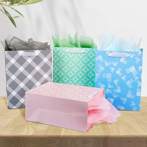 Vista 4 de Paquete de 12 bolsas de regalo de varios tamaños y diseños, bolsas de regalo a granel con papel de seda