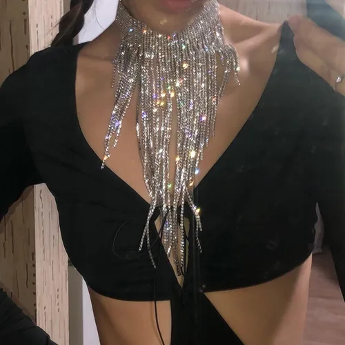 Vista 2 de Flyonce - Collar con diamantes de imitación para mujer, gargantilla con borla estilo pechera, joyería para fiesta formal