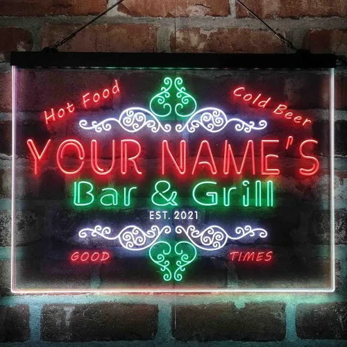 Vista 16 de Letrero de luz de neón LED tricolor personalizado para bar y parrilla, nombre personalizado, fecha, texto, cita, fuente blanco, azul y rojo, 17.7 x