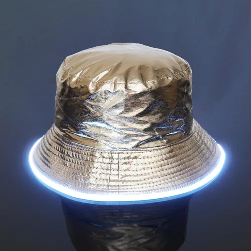 Vista 2 de Sombrero de pescador iluminado de piel sintética, accesorio rave, traje de festival de neón, sombrero de cubo reversible con LED para hombres
