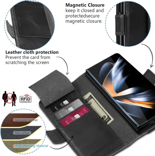 Vista 4 de KEZiHOME Funda tipo cartera de piel auténtica para Samsung Galaxy Z Fold 6 Negro