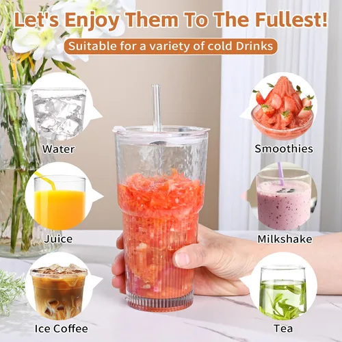 Vista 3 de Tazas de vidrio de 20oz con tapas y pitillos, 2 piezas de tazas de vidrio con tapas y pitillos, tazas de café helado con tapa, vasos para jugo