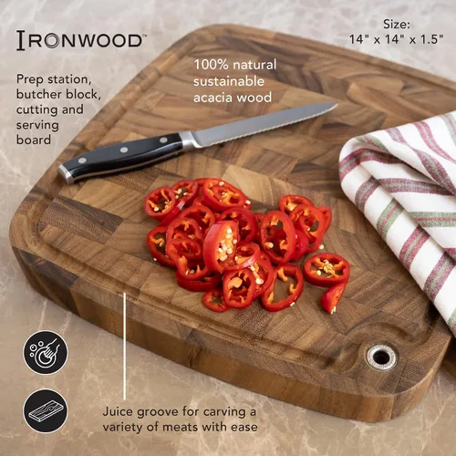 Vista 5 de Ironwood Gourmet Carolina - Tabla de cortar de madera de acacia, tabla de cortar de bloque de carnicero de grano final de 14 pulgadas con canal