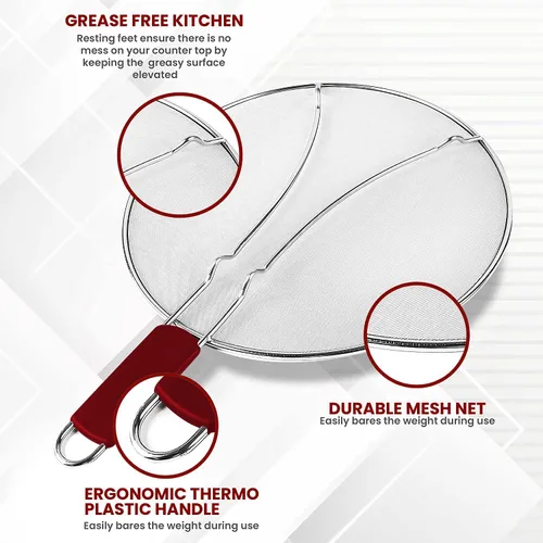 Vista 4 de Pantalla contra salpicaduras de grasa de 13 pulgadas para cocinar, protector de salpicaduras de aceite de acero inoxidable y malla ultrafina que Rojo