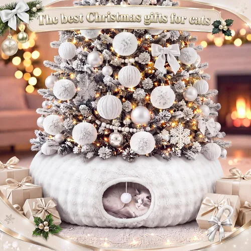 Vista 6 de Túnel de árbol de Navidad para gatos de 36 pulgadas, cama de dona, blanco