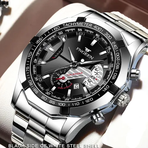 Vista 6 de Paquete de 4 relojes de acero inoxidable para hombre, impermeable, fecha, luminoso, esfera grande, oro, plata, negro, azul, vestido de negocios