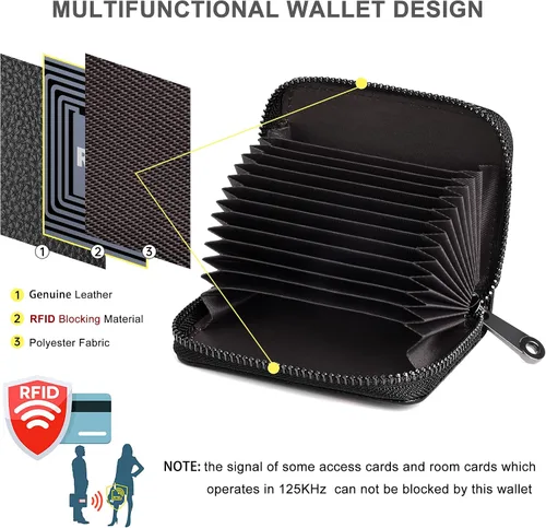 Vista 3 de Badiya Tarjetero de cuero genuino para mujer, con bloqueo RFID, acordeón, pequeña tarjetero