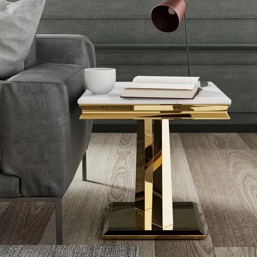 Vista 2 de Juego de 2 mesas auxiliares doradas, mesa auxiliar cuadrada blanca moderna con base en X de metal pulido dorado, elegante mesa decorativa