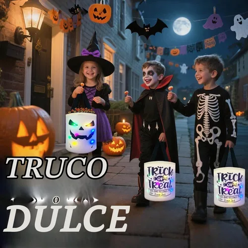 Vista 5 de Bolsas de Halloween para dulce o truco, cubo de caramelos, cesta de fantasmas iluminada, decoración multiusos reutilizable para dulces cubos