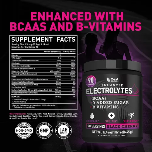 Vista 2 de Zeal Naturals Bebida de recuperación de electrolitos en polvo (90 porciones Cereza negra) con 0 azúcar+BCAA +Vitaminas B Suplemento