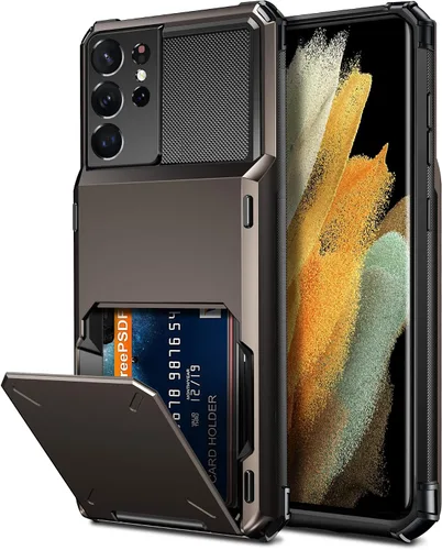 Vista 12 de Vofolen Funda tipo cartera para Galaxy S21 Ultra con 4 tarjetas, tarjetero con ranura para tarjeta de crédito, bolsillo trasero, doble capa, Negro