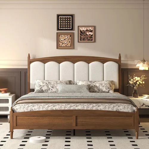Vista 8 de Base de cama de madera tamaño Queen, cabecero copetudo de tela de peluche, sin ruido, cama de plataforma resistente de 800 libras con soporte