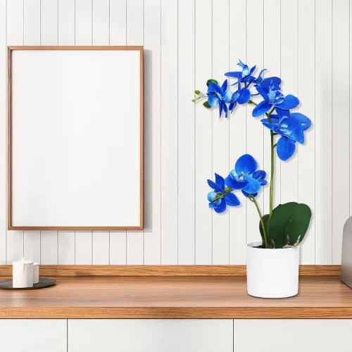 Vista 5 de Flores artificiales de orquídea azul en maceta, flores falsas de orquídea en maceta, decoración para el hogar, oficina, boda
