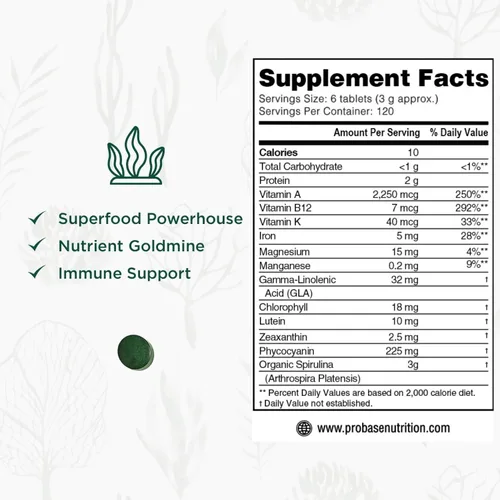 Vista 6 de Probase Nutrition Suplemento orgánico de espirulina, 3000 mg por porción, 720 tabletas (suministro de 4 meses), sin relleno y sin OMG, rico