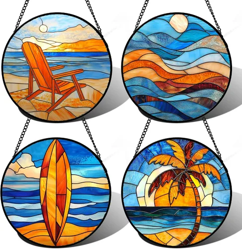 Vista 10 de DASTOLL Conjunto de 4 Piezas de Vidriera Manchada para Colgar en Ventanas Azul Océano con Árbol de Coco 16 cm - Atrapasoles para Puerta, Jardín