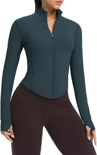 Vista 22 de AVGO Chaquetas de entrenamiento recortadas para mujer, con cremallera, ajustadas, atléticas, con agujeros para el pulgar