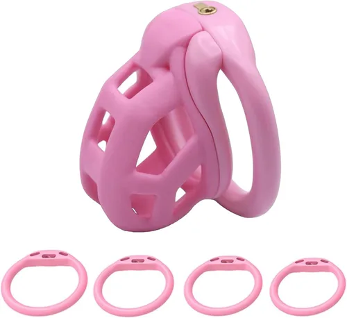 Vista 10 de Jaula de castidad rosa 2.0 dispositivo de castidad masculina con 4 anillos de resina ligera jaula de castidad para hombre pene ejercicio de bondage
