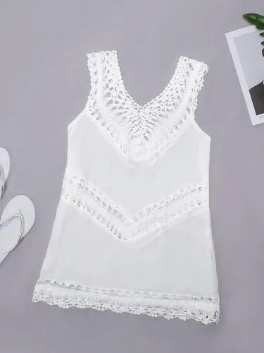 Vista 2 de CUPSHE Túnica de ganchillo blanco sin mangas con cuello en V para mujer, Blanco