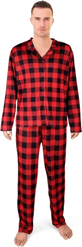Vista 3 de Conjunto de pijamas de Navidad a juego para parejas, pijamas familiares a cuadros de búfalo de manga larga con botones a cuadros, ropa de descanso