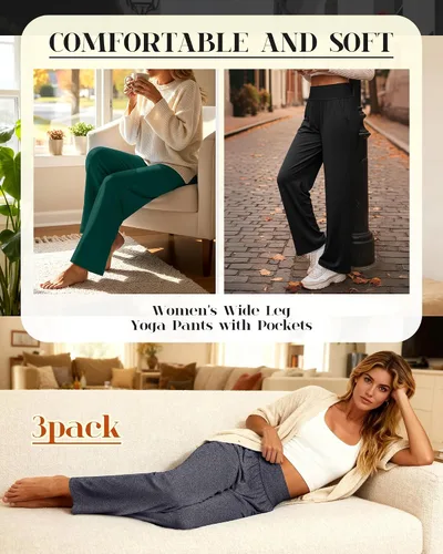Vista 15 de Neer - Conjunto de 3 pantalones de yoga de pierna ancha para mujer - Pantalones deportivos cómodos, holgados, de cintura alta y casuales